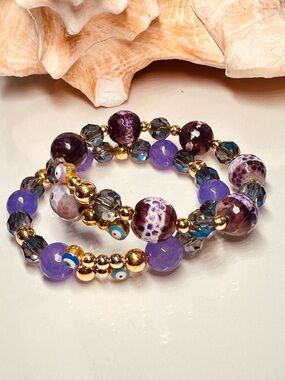 PURPLE AGATES Beaded Cuff Bracelet with Gold Accents